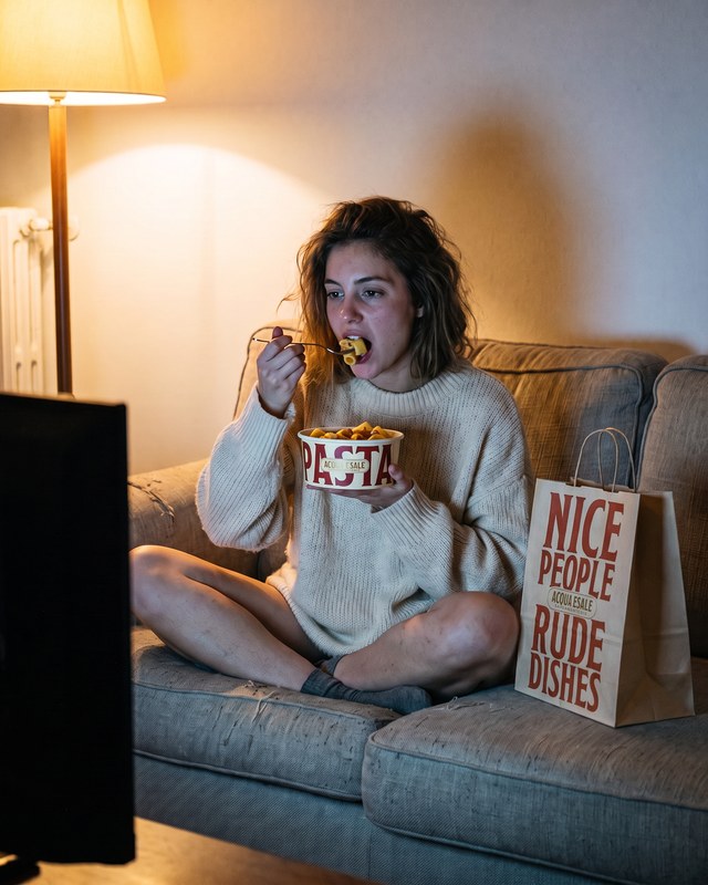 Una ragazza mangia una bowl di pasta sul divano