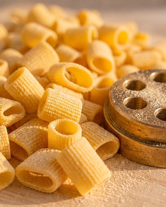 Pasta fresca trafilata al bronzo con la rigatura fine